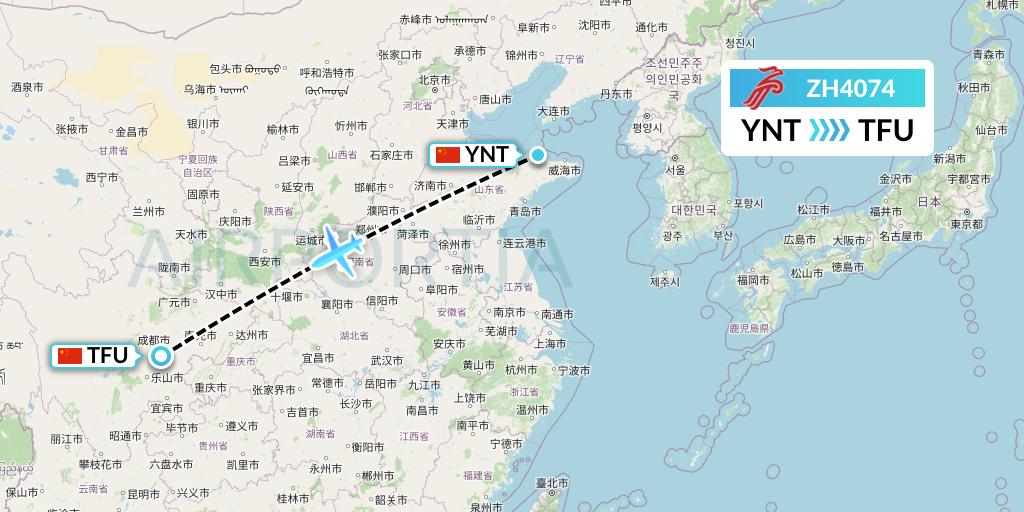 ZH4074 Shenzhen Airlines Flight Map: Yantai to Chengdu