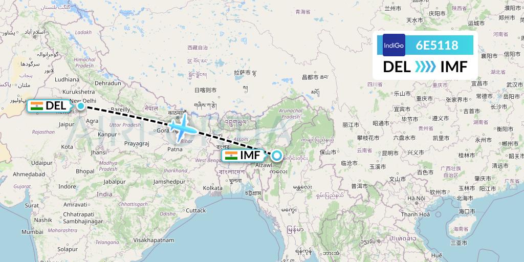 6E5118 IndiGo Airlines Flight Map: Delhi to Imphal