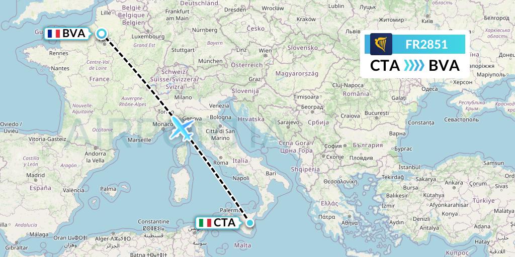 FR2851 Ryanair Flight Map: Catania to Paris