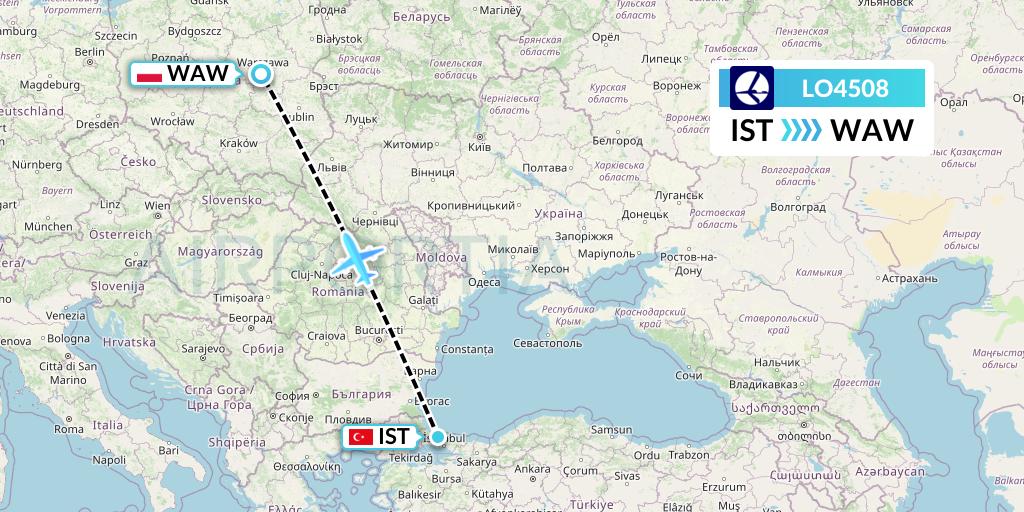 LO4508 LOT Flight Map: Istanbul to Warsaw