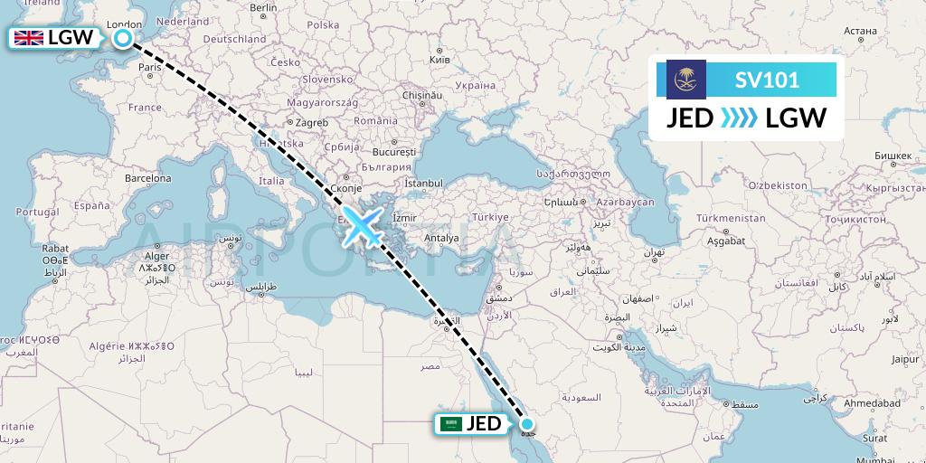 SV101 Saudi Arabian Airlines Flight Map: Jeddah to London