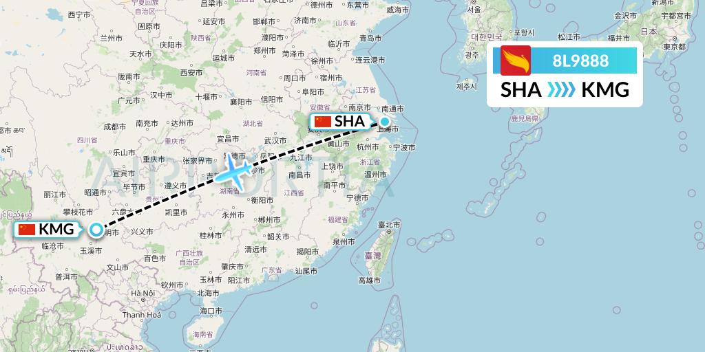 8L9888 Lucky Air Flight Map: Shanghai to Kunming