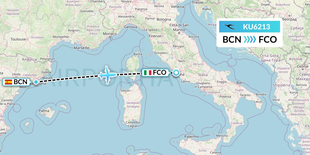 KU6213 Kuwait Airways Flight Map: Barcelona to Rome