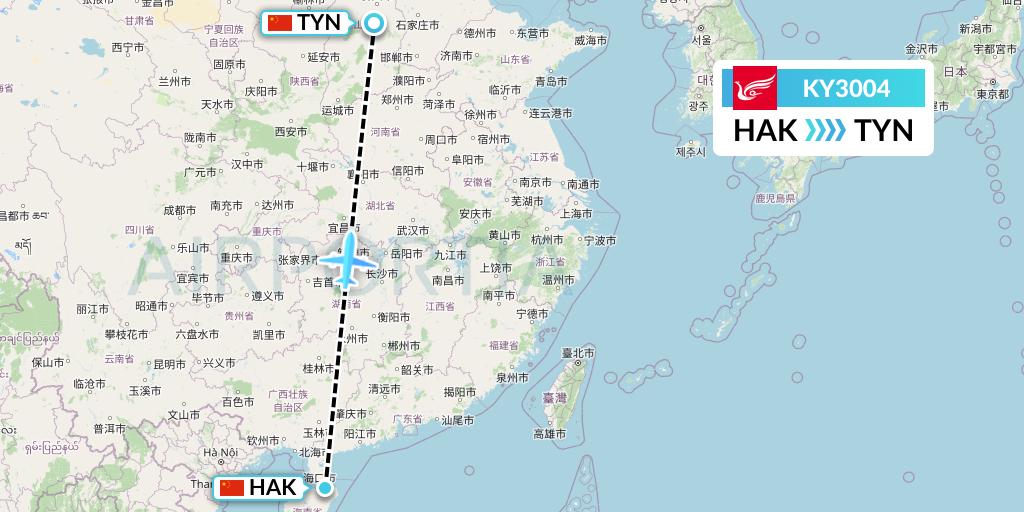 KY3004 Kunming Airlines Flight Map: Haikou to Taiyuan