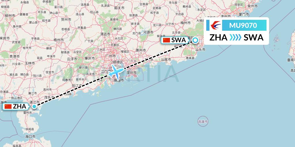 MU9070 China Eastern Airlines Flight Map: Zhanjiang to Jieyang
