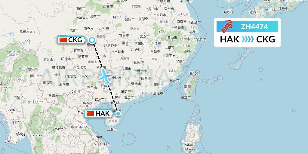 ZH4474 Shenzhen Airlines Flight Map: Haikou to Chongqing