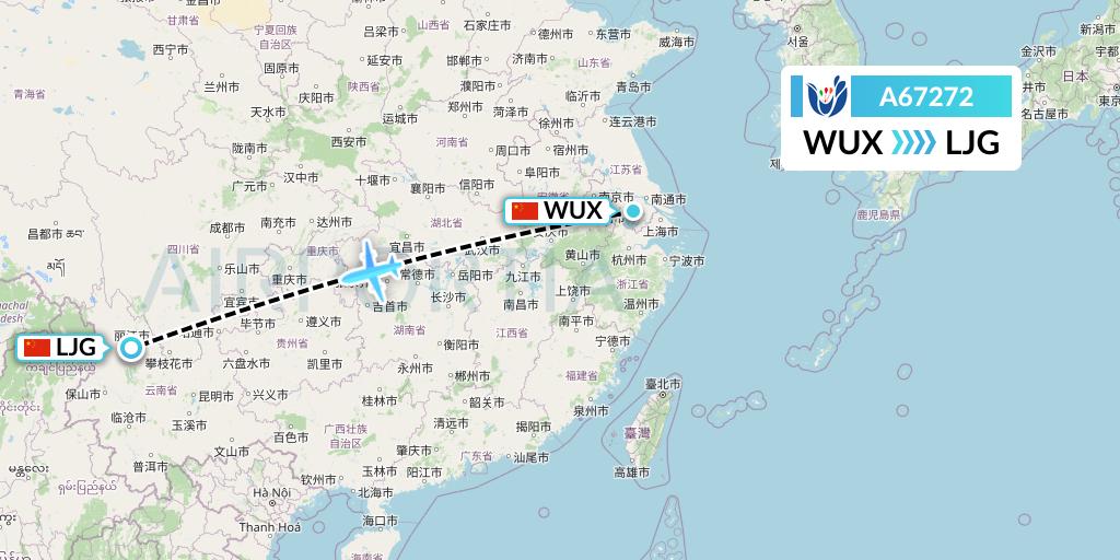 A67272 Hongtu Airlines Flight Map: Wuxi to Lijiang