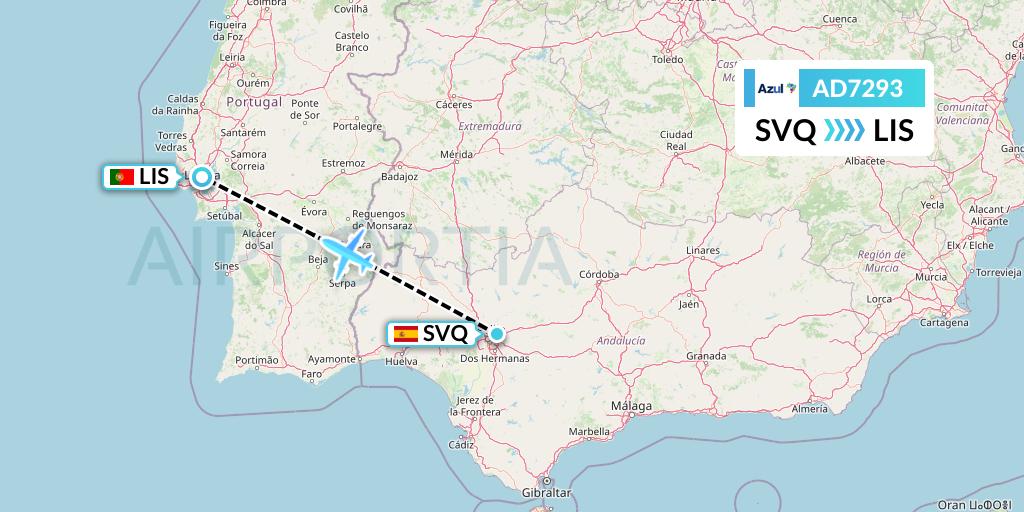 AD7293 Azul Brazilian Airlines Flight Map: Seville to Lisbon