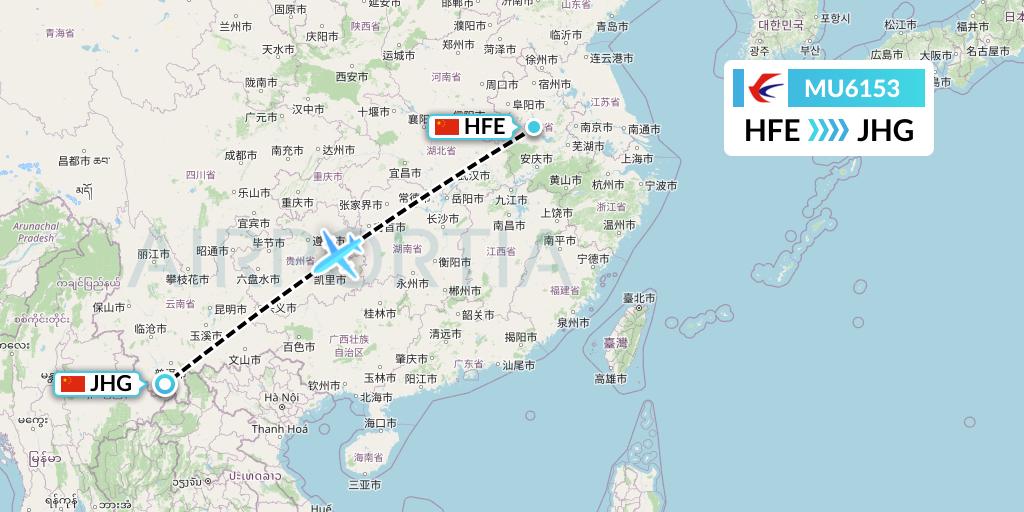 MU6153 China Eastern Airlines Flight Map: Hefei to Jinghong