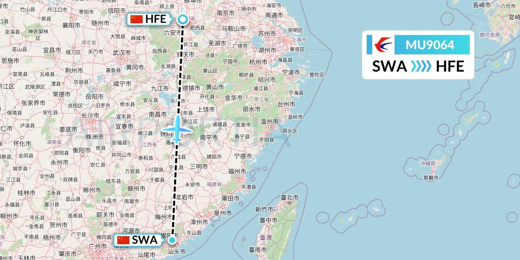 MU9064 China Eastern Airlines Flight Map: Jieyang to Hefei