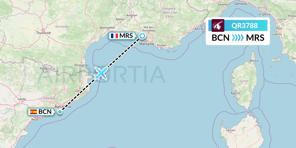 QR3788 Qatar Airways Flight Map: Barcelona to Marseille