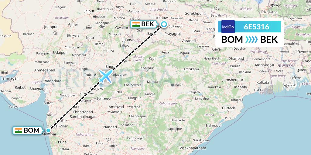 6E5316 IndiGo Airlines Flight Map: Mumbai to Bareli
