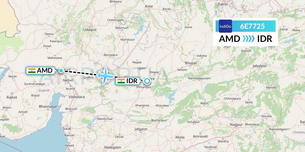 6E7725 IndiGo Airlines Flight Map: Ahmedabad to Indore