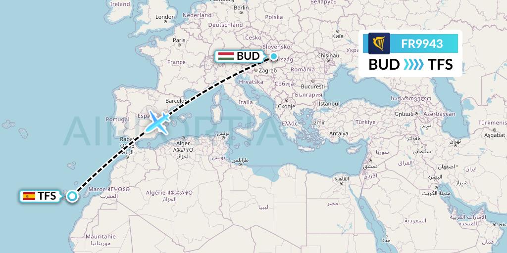 FR9943 Ryanair Flight Map: Budapest to Tenerife