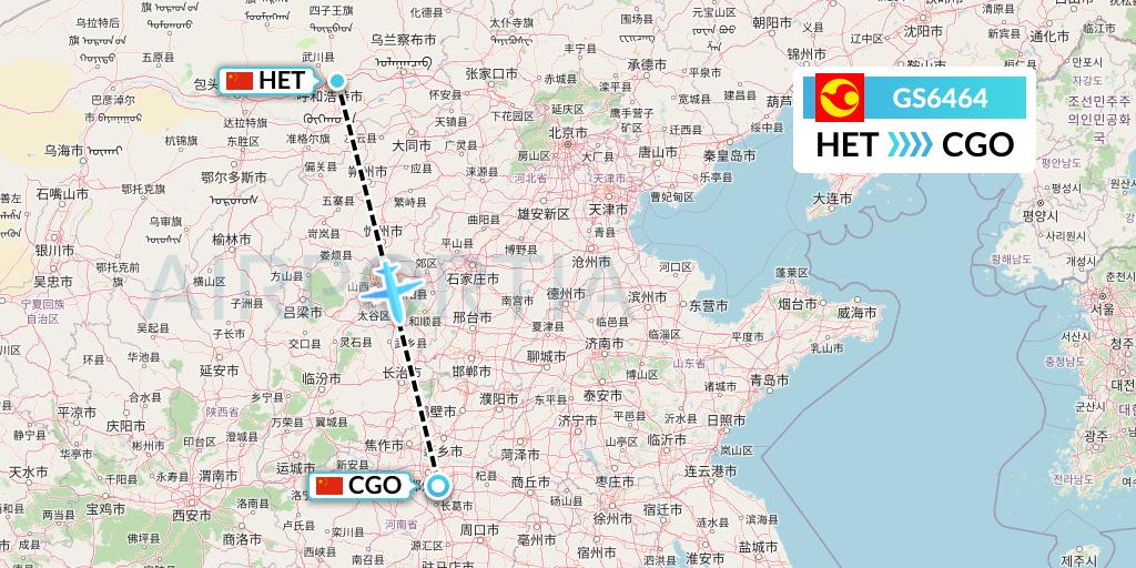 GS6464 Tianjin Airlines Flight Map: Hohhot to Zhengzhou