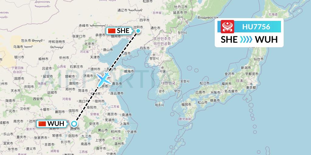 HU7756 Hainan Airlines Flight Map: Shenyang to Wuhan