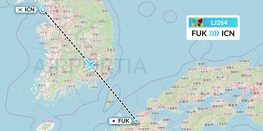 LJ264 Jin Air Flight Map: Fukuoka to Seoul