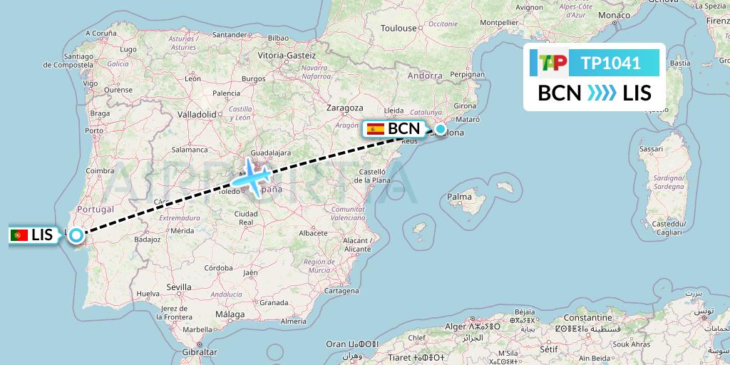 TP1041 TAP Portugal Flight Map: Barcelona to Lisbon