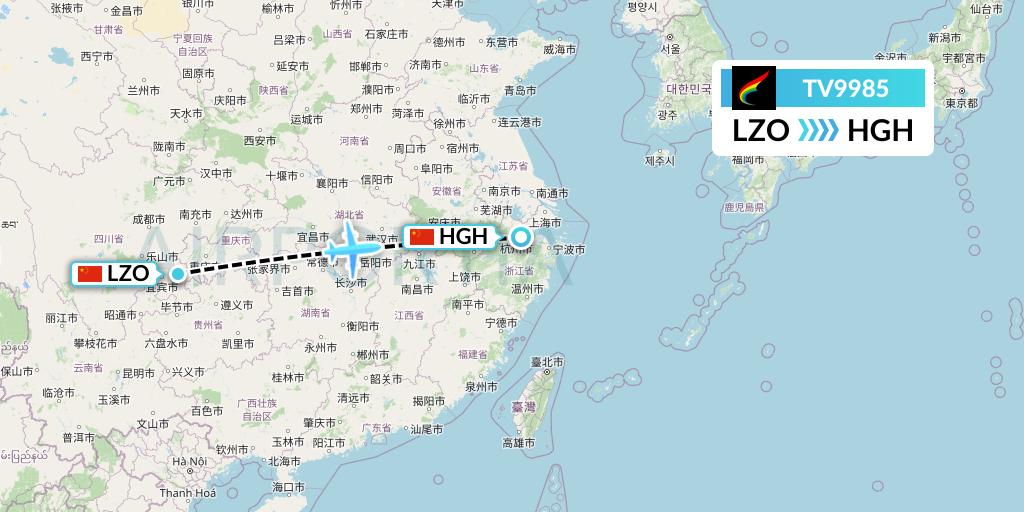 TV9985 Tibet Airlines Flight Map: Luzhou to Hangzhou