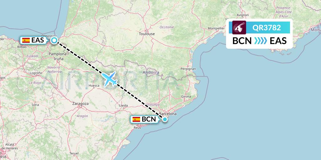 QR3782 Qatar Airways Flight Map: Barcelona to San Sebastian