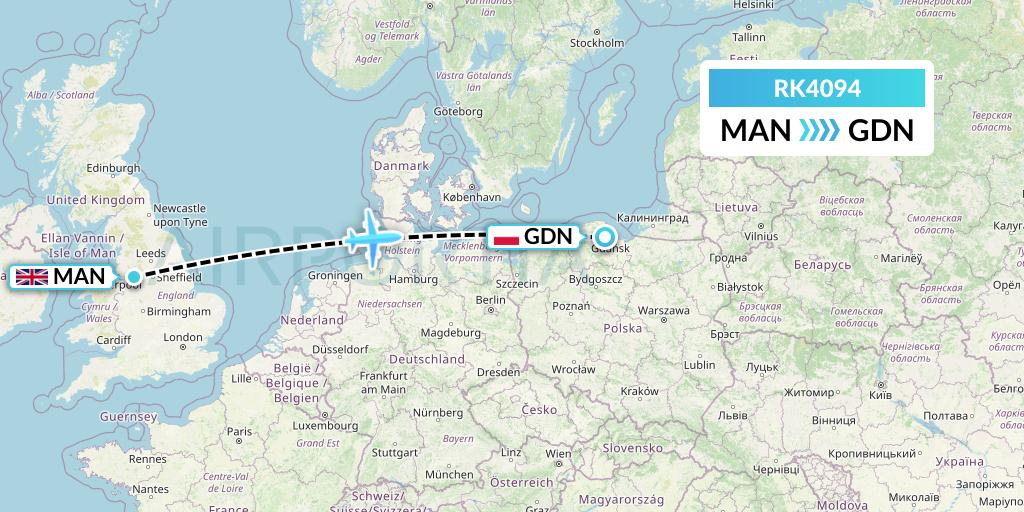 RK4094 Ryanair UK Flight Map: Manchester to Gdansk