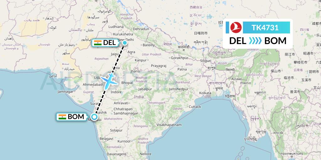 TK4731 Turkish Airlines Flight Map: Delhi to Mumbai