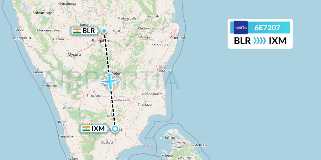 6E7207 IndiGo Airlines Flight Map: Bangalore to Madurai