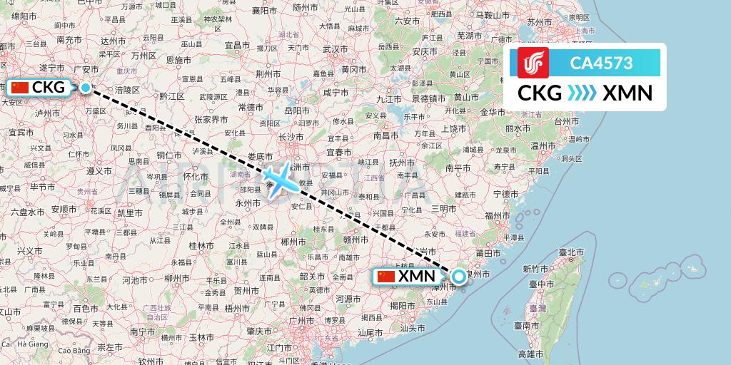 CA4573 Air China Flight Map: Chongqing to Xiamen