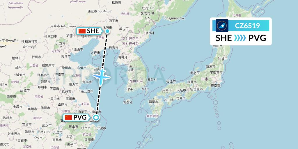 CZ6519 China Southern Airlines Flight Map: Shenyang to Shanghai