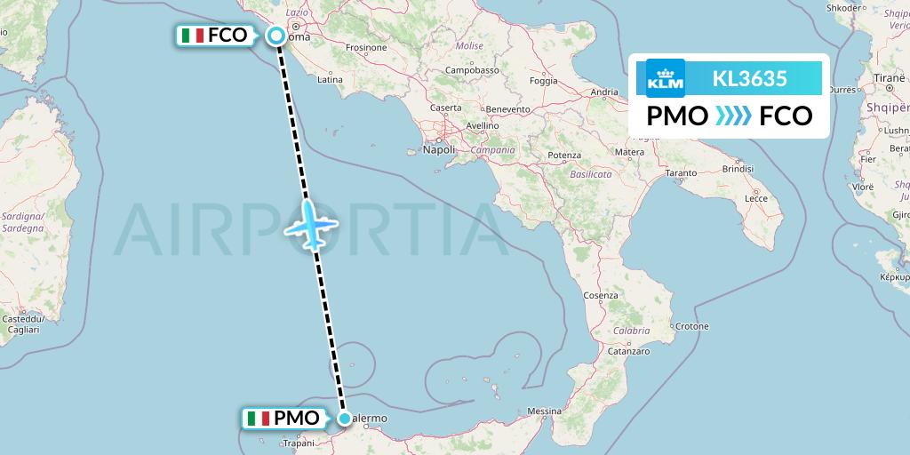 KL3635 KLM Flight Map: Palermo to Rome