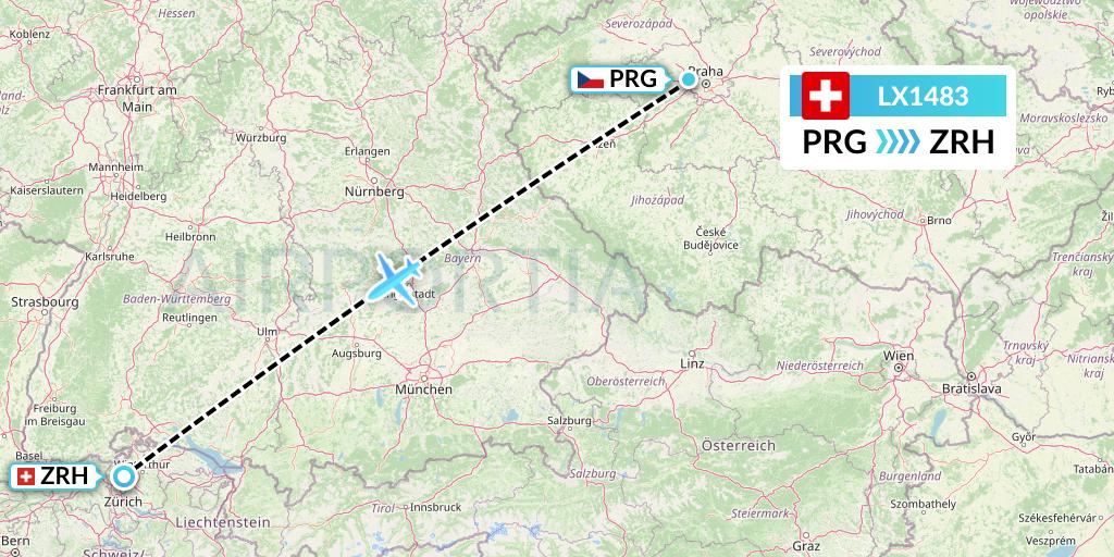 LX1483 Swiss Flight Map: Prague to Zurich