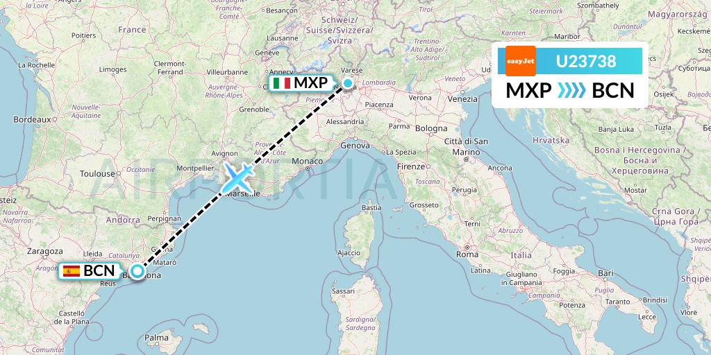 U23738 EasyJet Flight Map: Milan to Barcelona