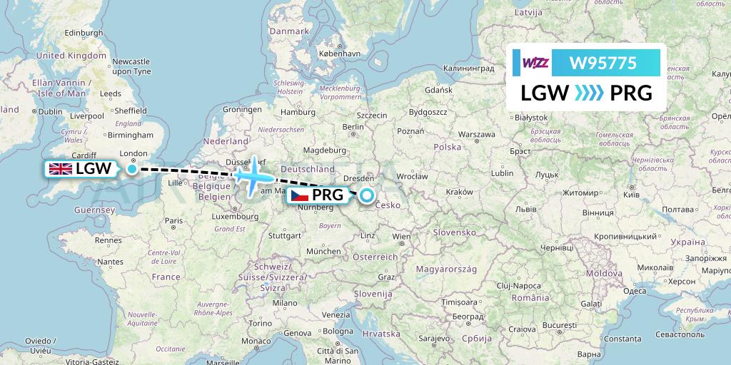 W95775 Wizz Air UK Flight Map: London to Prague