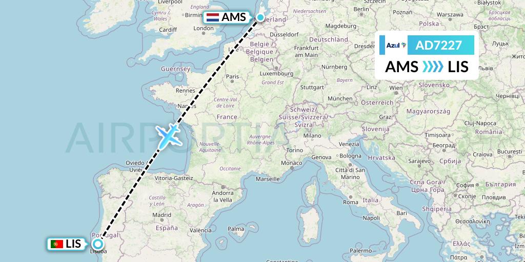 AD7227 Azul Brazilian Airlines Flight Map: Amsterdam to Lisbon