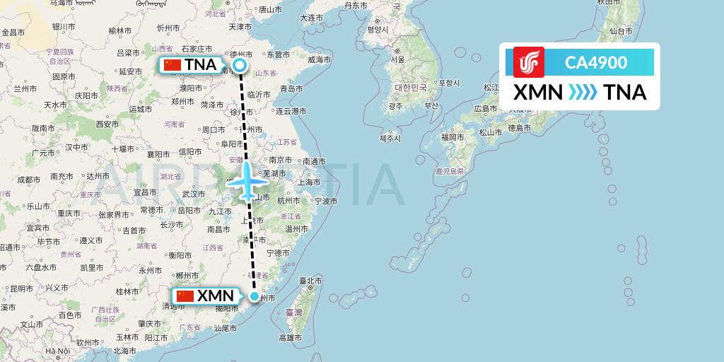CA4900 Air China Flight Map: Xiamen to Jinan
