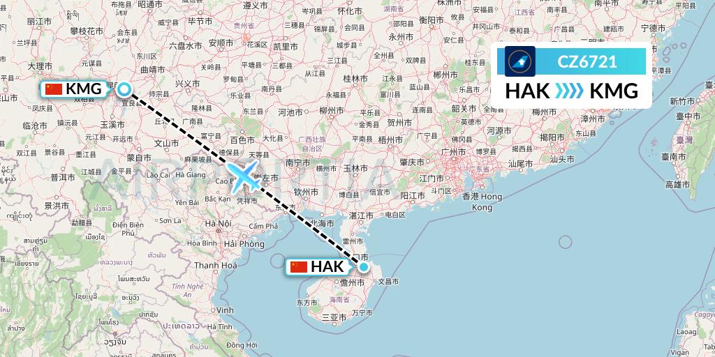 CZ6721 China Southern Airlines Flight Map: Haikou to Kunming