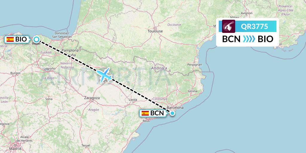 QR3775 Qatar Airways Flight Map: Barcelona to Bilbao