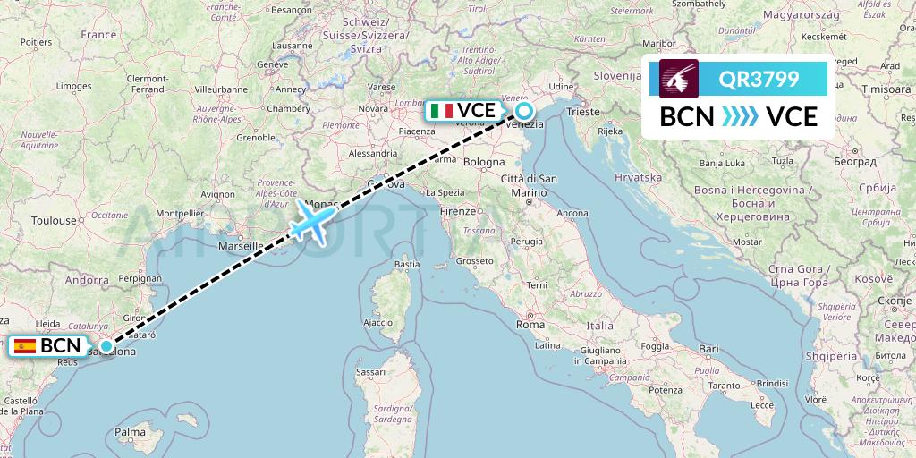QR3799 Qatar Airways Flight Map: Barcelona to Venice