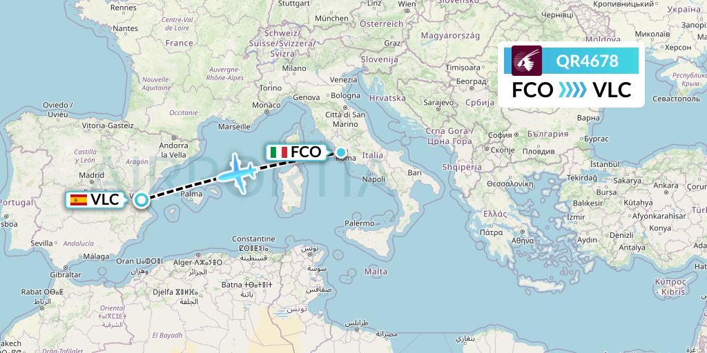 QR4678 Qatar Airways Flight Map: Rome to Valencia