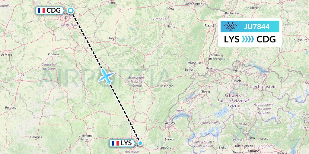 JU7844 AirSERBIA Flight Map: Lyon to Paris