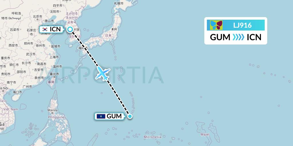 LJ916 Jin Air Flight Map: Guam to Seoul