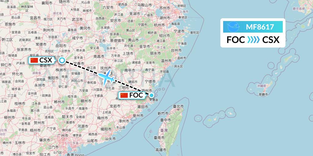 MF8617 Xiamen Airlines Flight Map: Fuzhou to Changsha