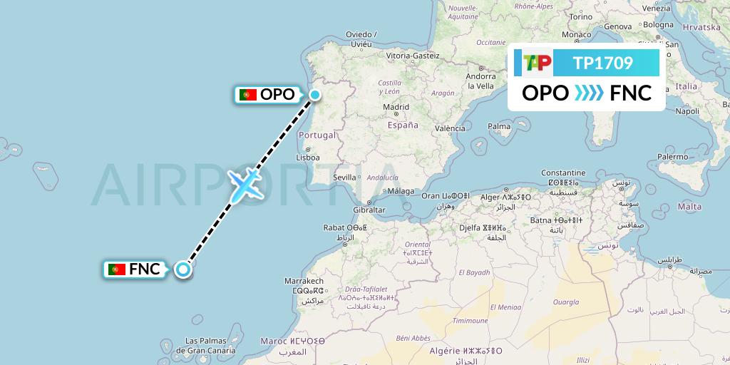 TP1709 TAP Portugal Flight Map: Porto to Funchal