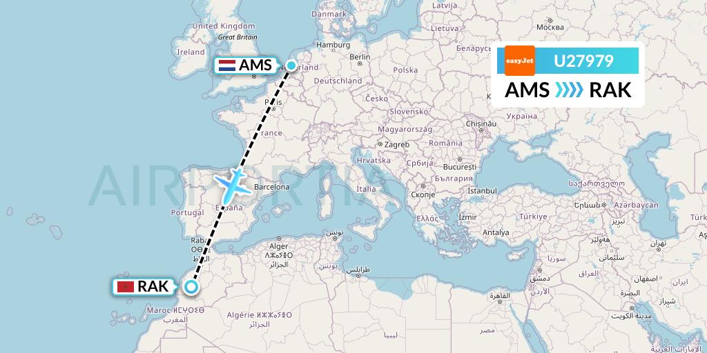 U27979 EasyJet Flight Map: Amsterdam to Marrakesh