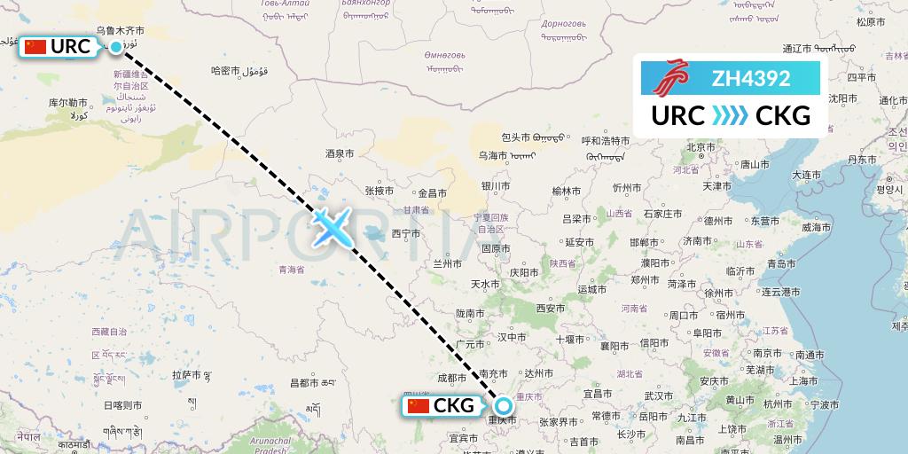ZH4392 Shenzhen Airlines Flight Map: Urumqi to Chongqing