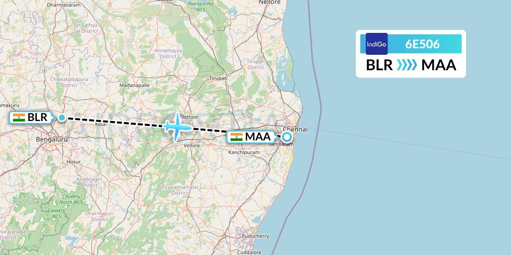 6E506 IndiGo Airlines Flight Map: Bangalore to Chennai