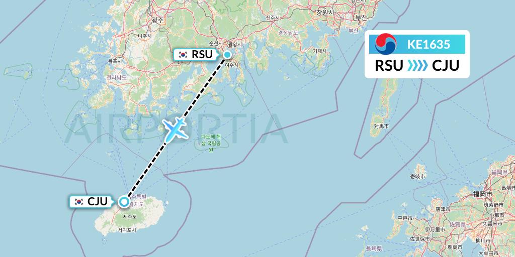 KE1635 Korean Air Flight Map: Yeosu to Jeju