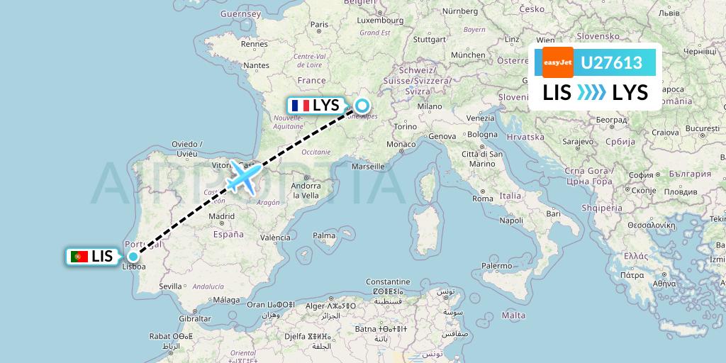 U27613 EasyJet Flight Map: Lisbon to Lyon