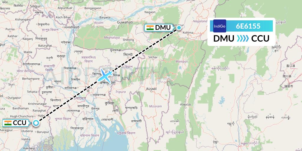 6E6155 IndiGo Airlines Flight Map: Dimapur to Kolkata