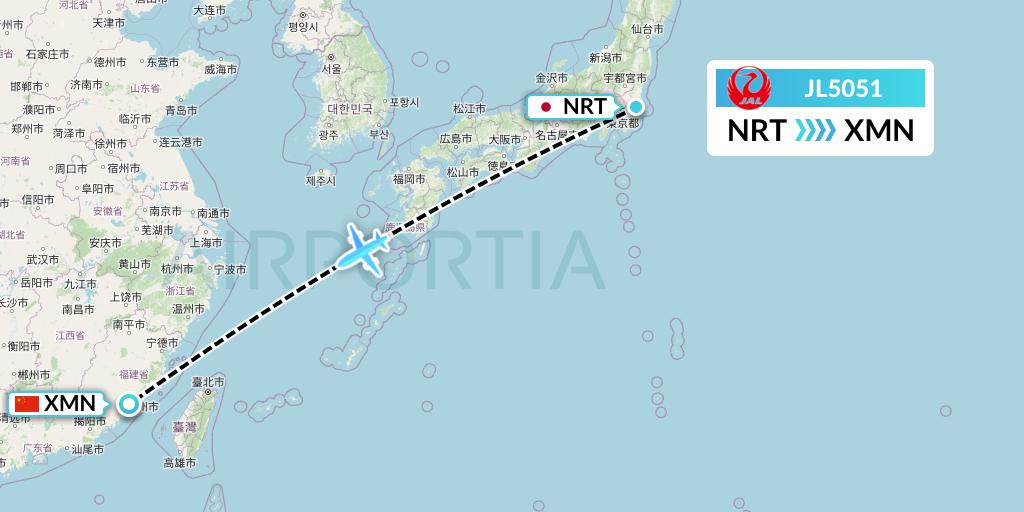 JL5051 Japan Airlines Flight Map: Tokyo to Xiamen